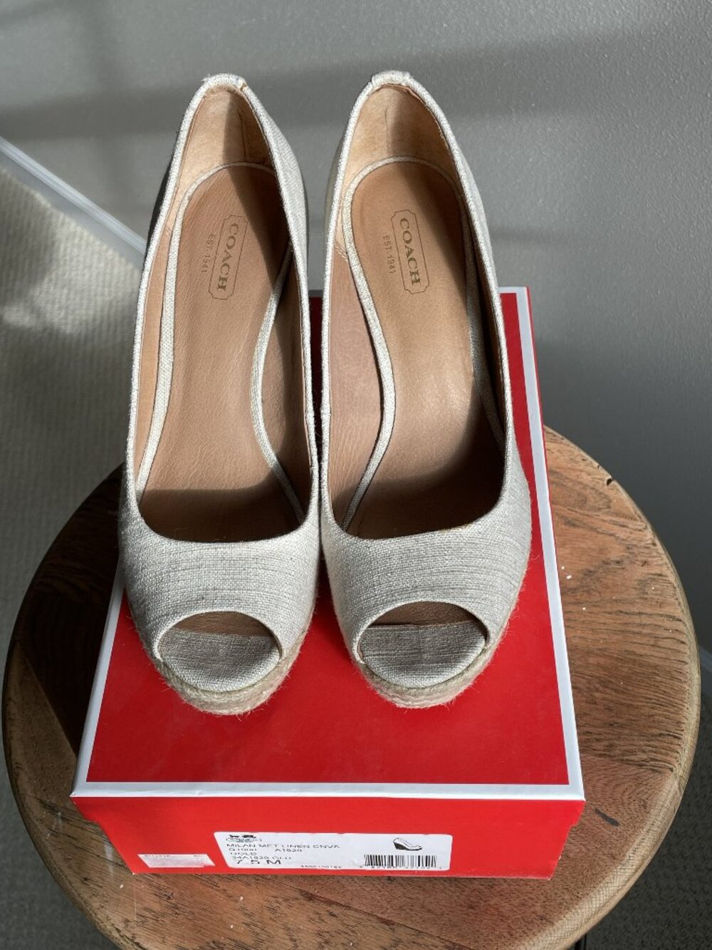 Coach Milan Linen Canvas Peep Toe Platform Wedge Size 7.5B